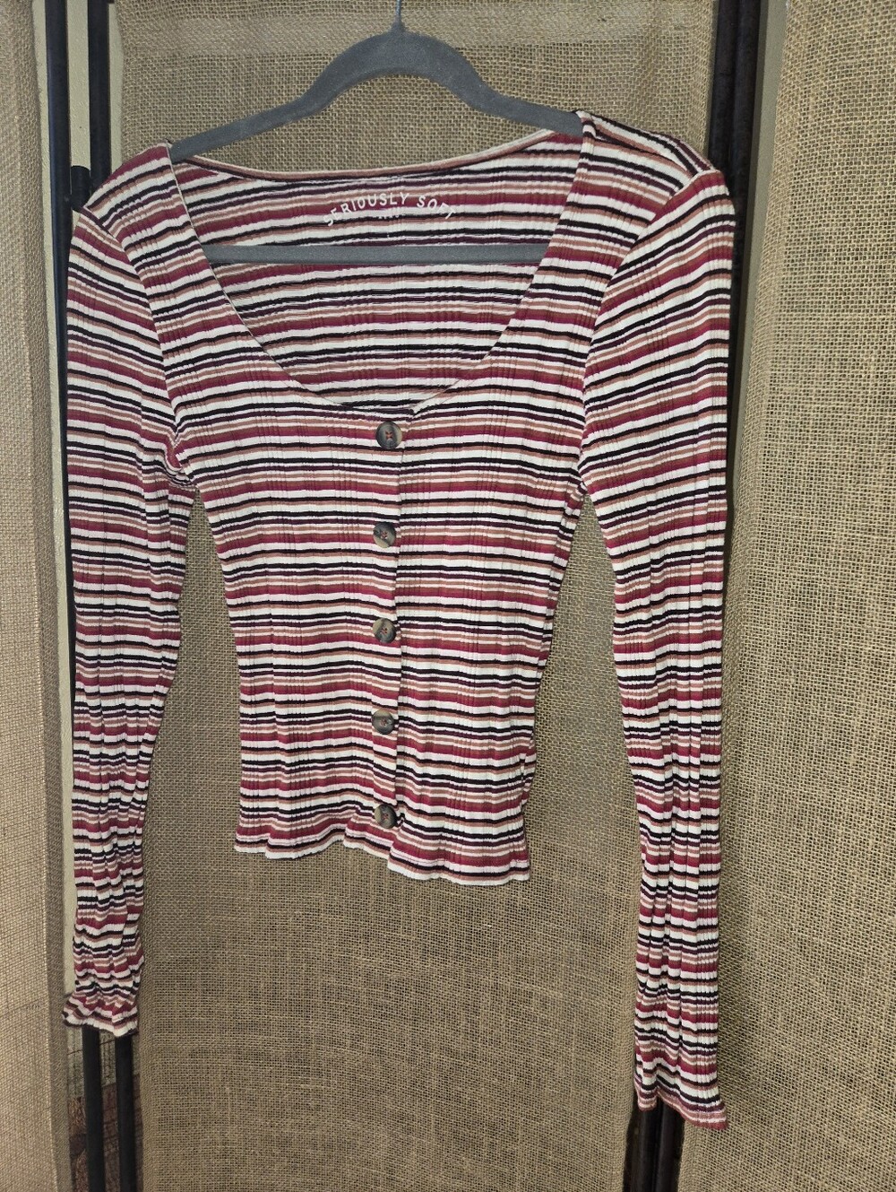 Women's Aero Seriously Soft Y2K Striped Ribbed Retro Long Sleeve Top Large